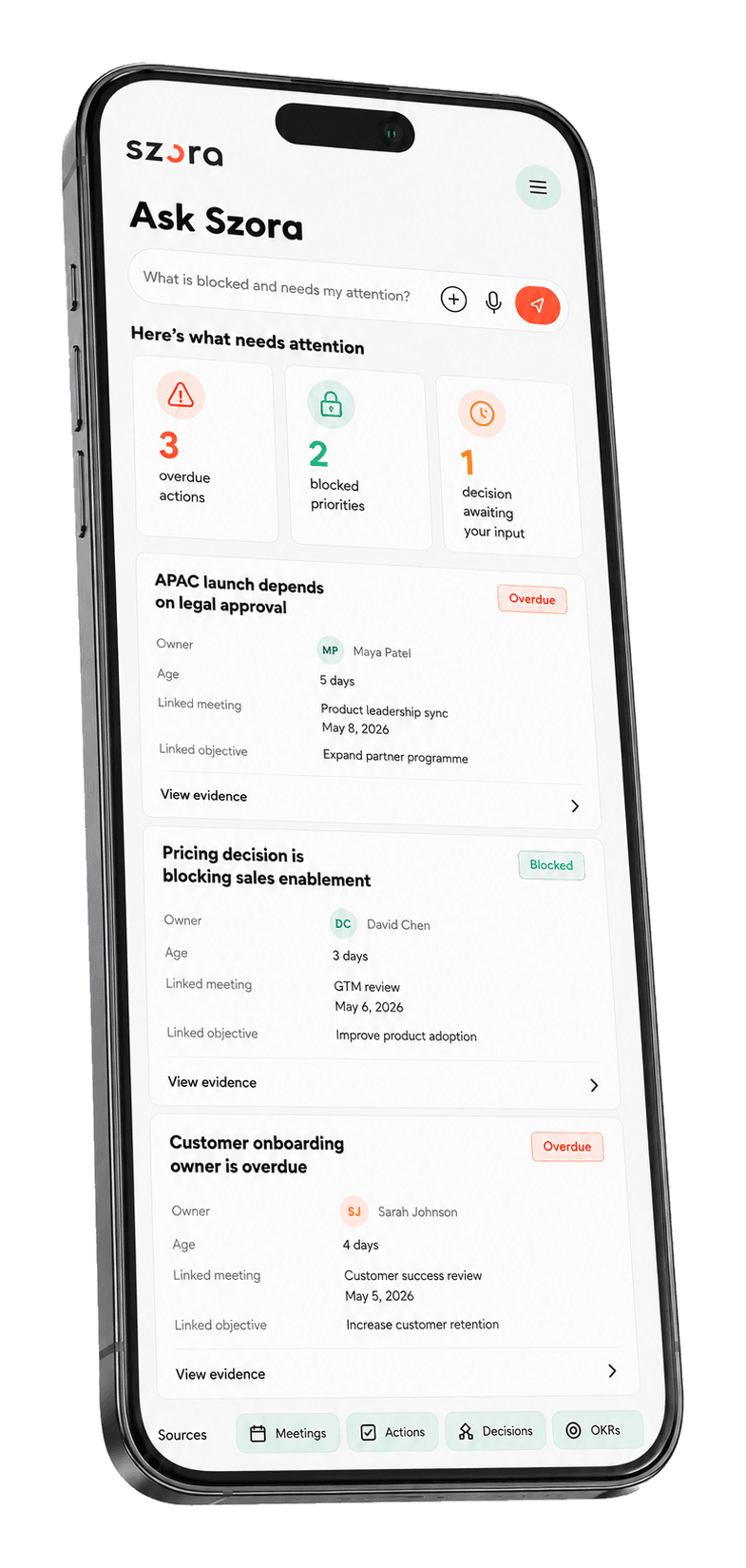 Capture — Szora turns meetings into structured data: topics, decisions