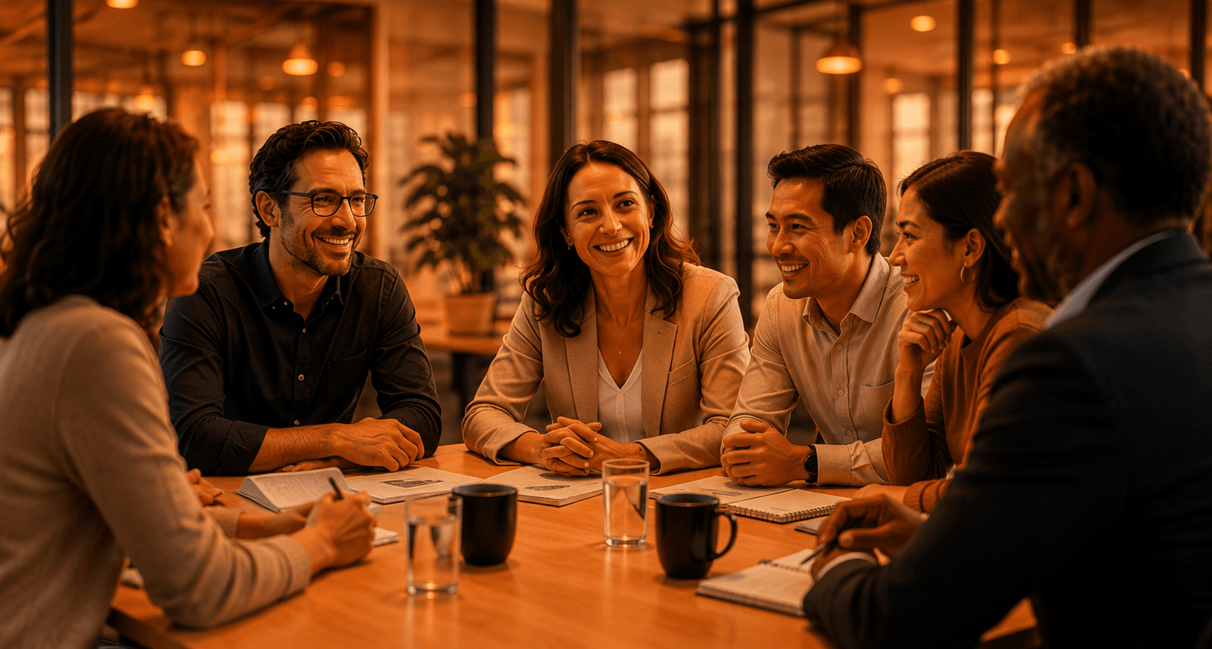 A team collaborating around a table during a meeting