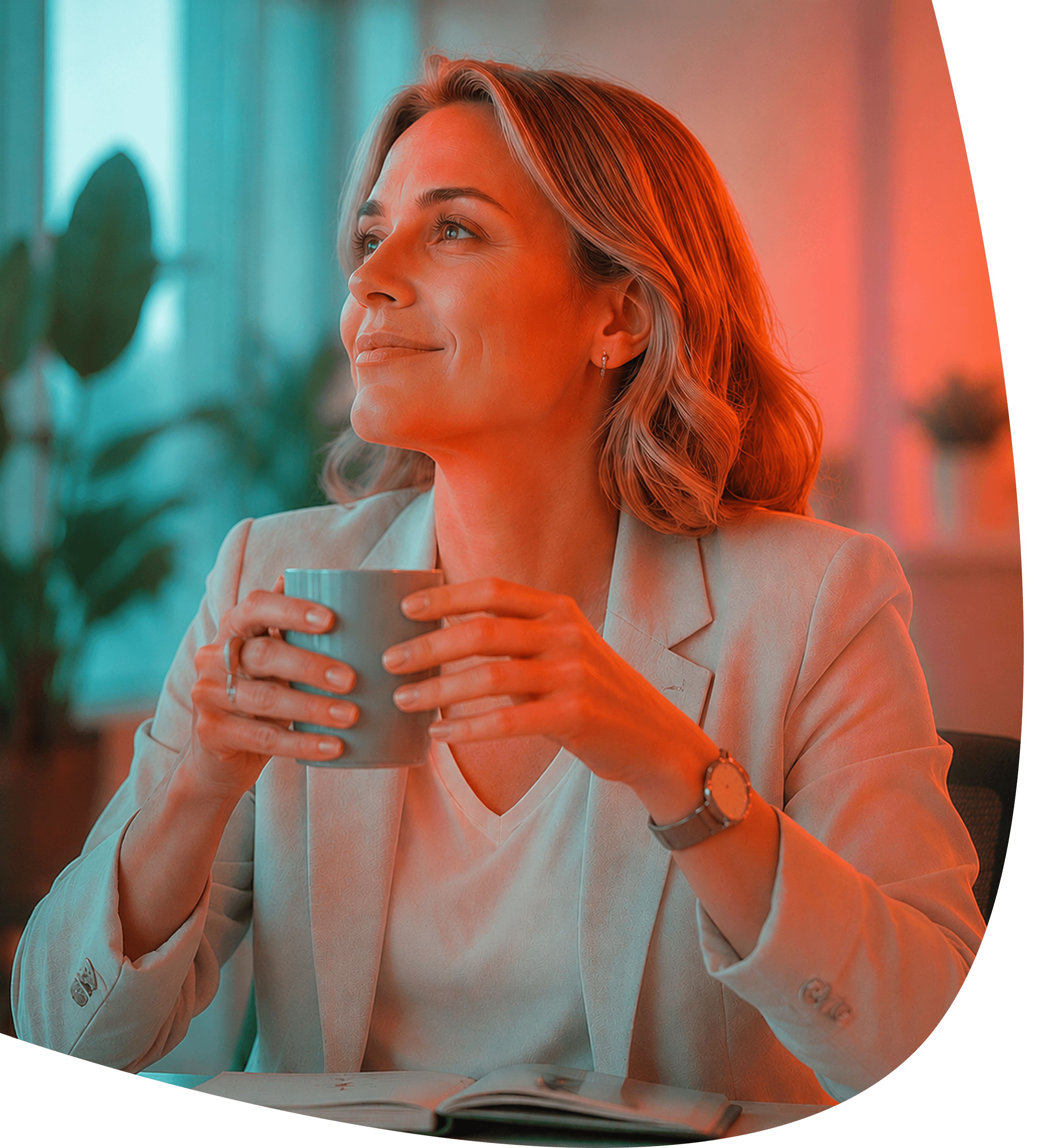 A woman relaxing with a coffee mug at her desk