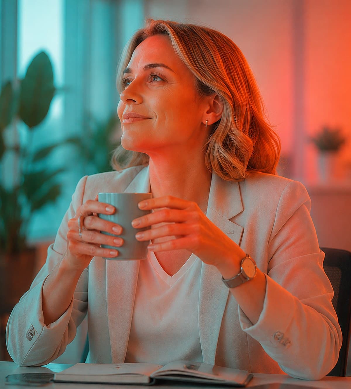 A woman relaxing with a coffee mug at her desk