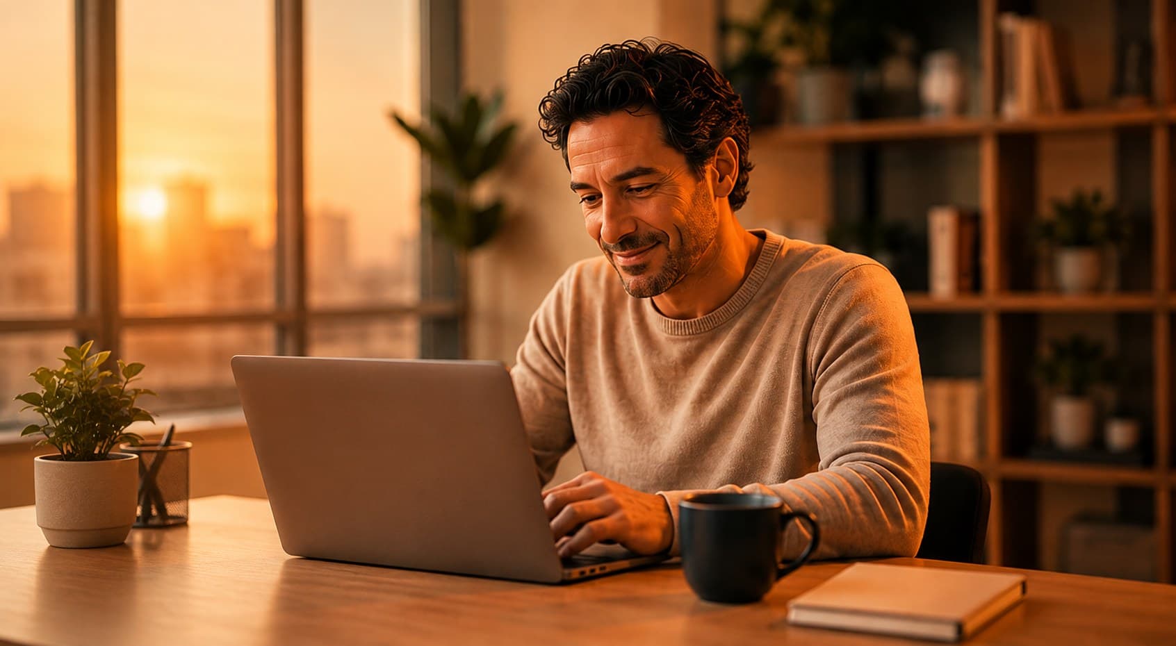 A man working on his laptop at sunset with a city skyline behind him