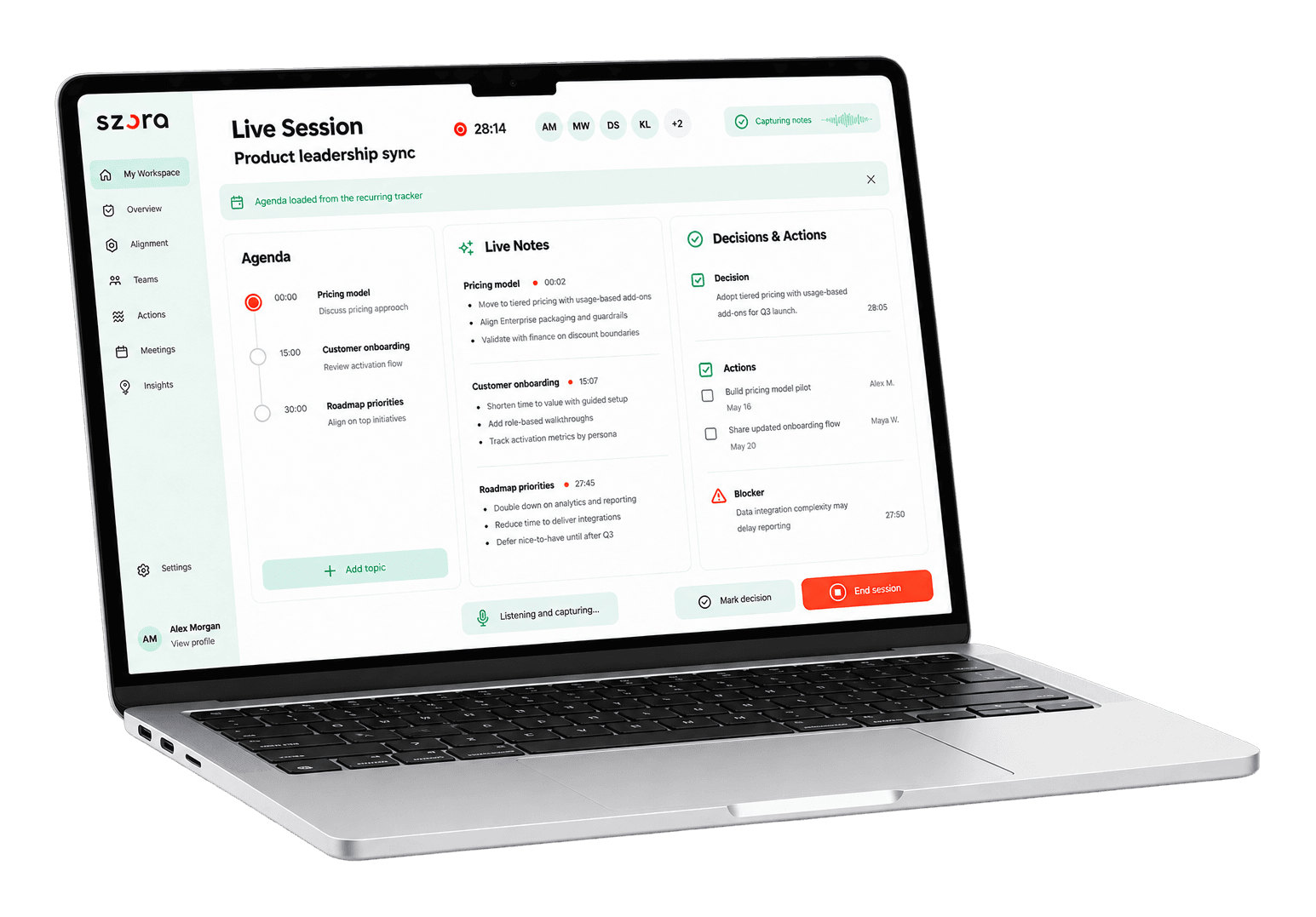 Szora capturing live notes, decisions, actions and blockers during a meeting in real time