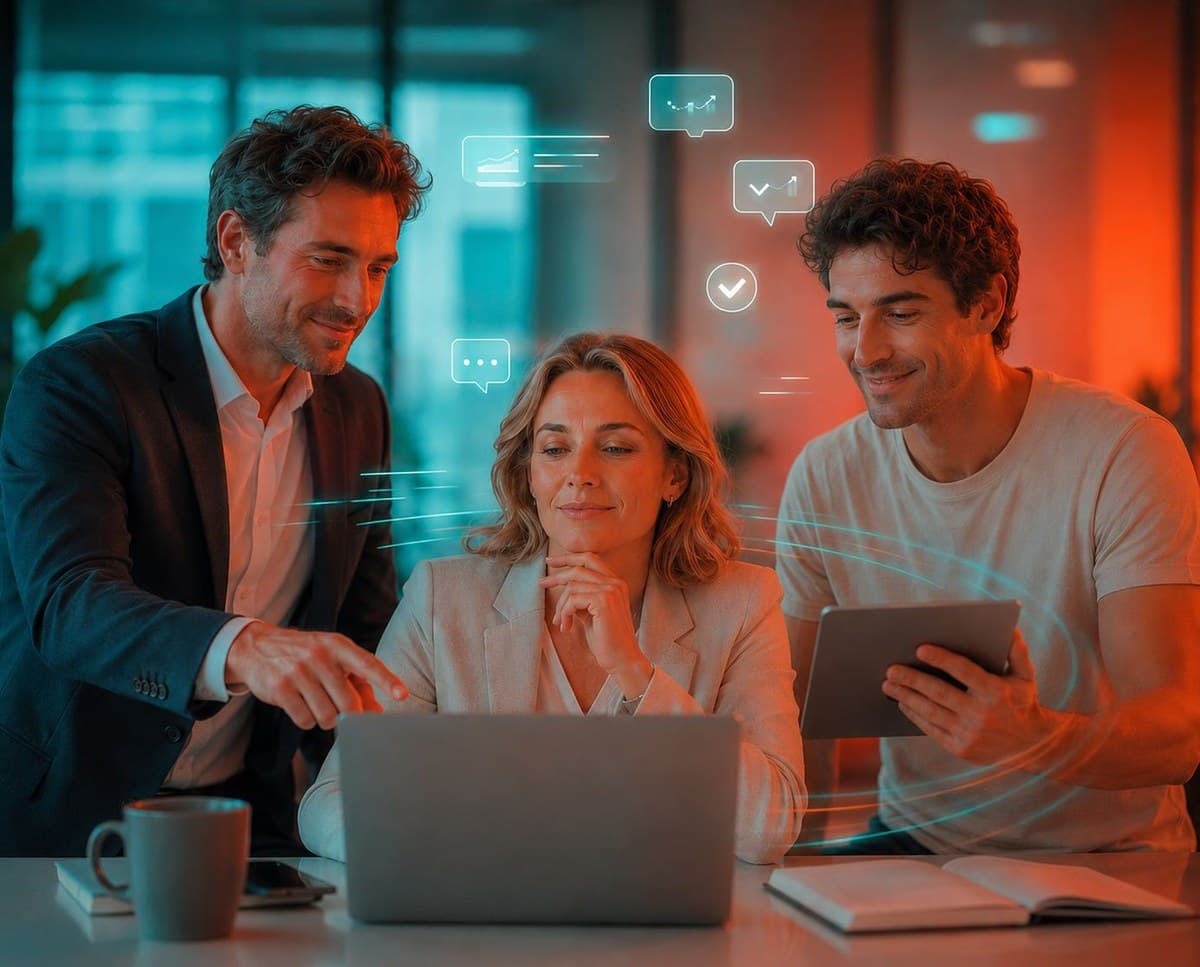 Three colleagues reviewing a conversation together on a laptop