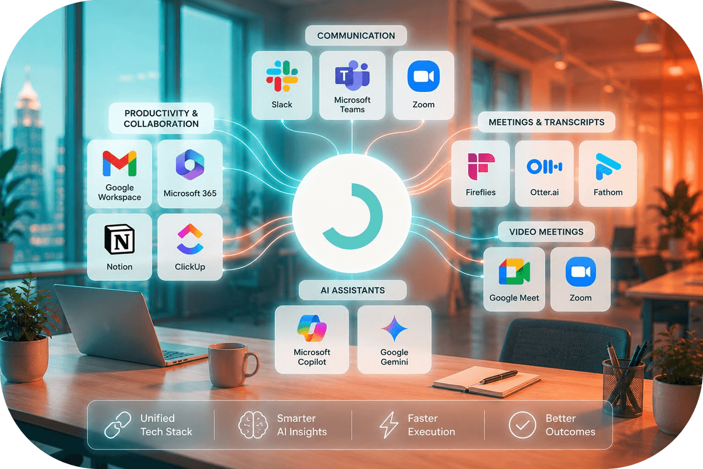 Szora connecting to Slack, Microsoft Teams, Zoom, Google Meet, meeting assistants and other tools in your stack